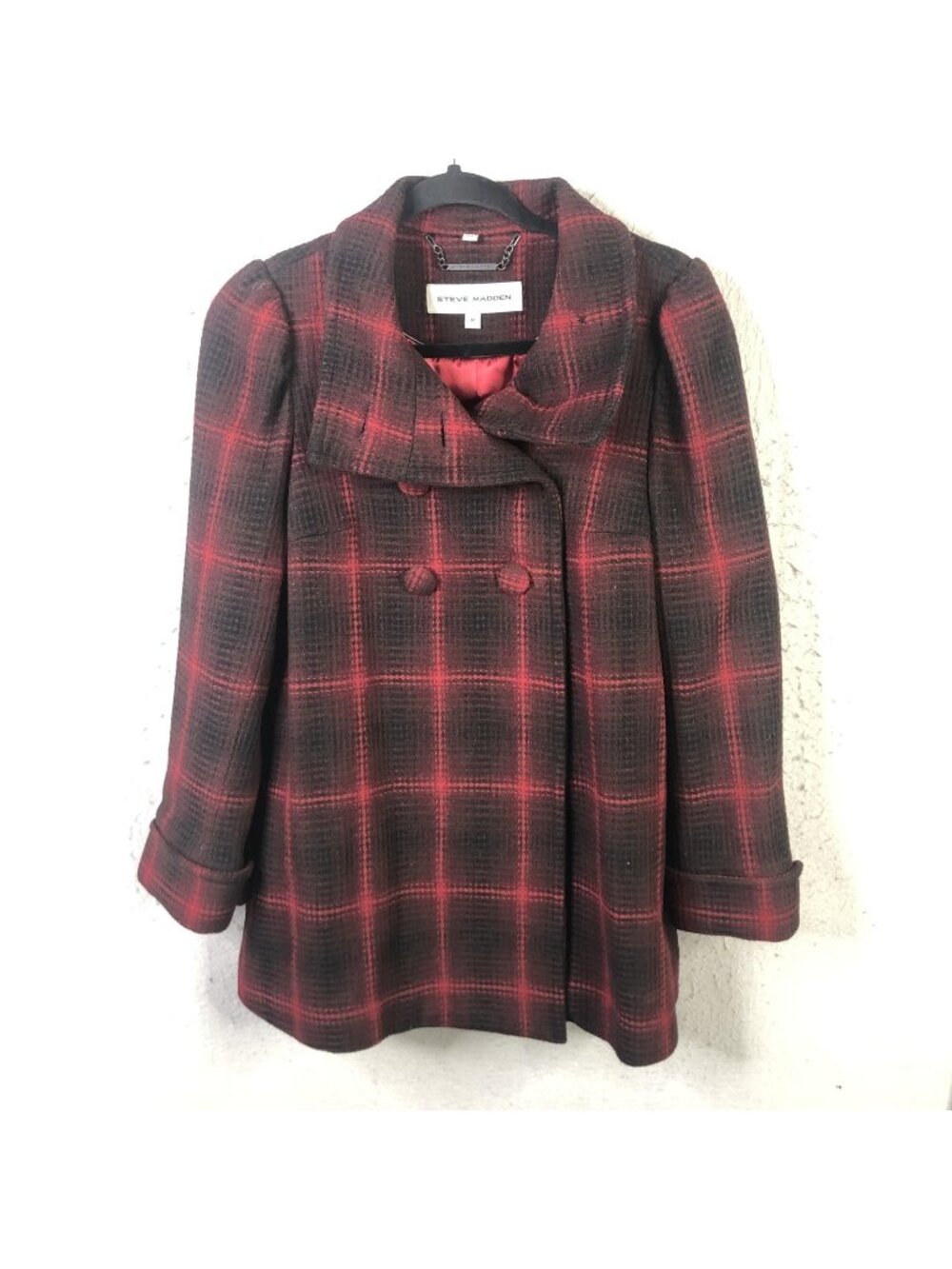 Steve Madden Coat Womens M Red Plaid Wool Pea Coat Pleated Lined Double Breasted